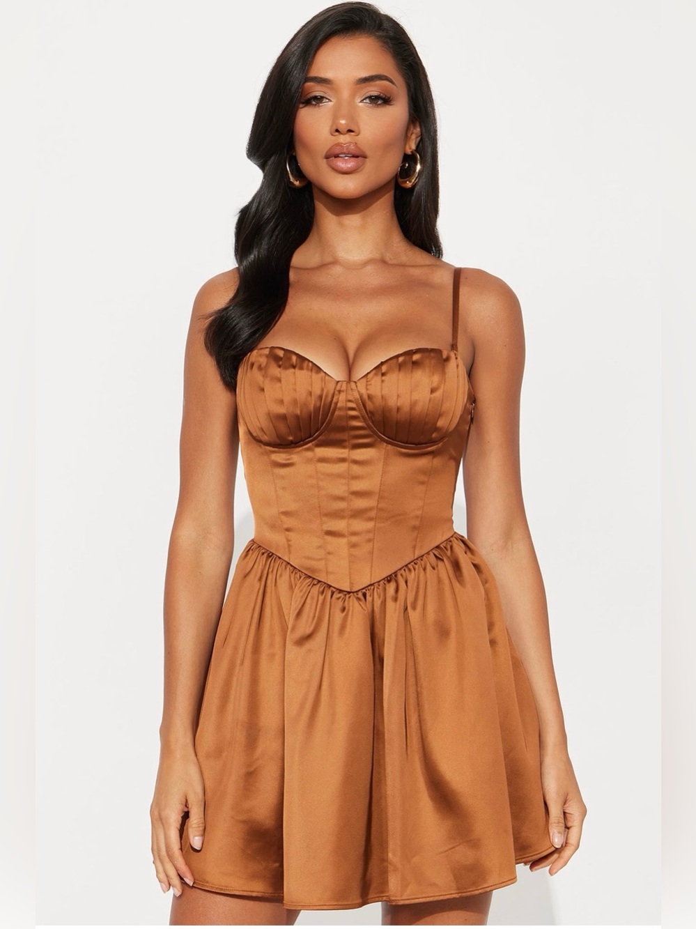 Fashion Nova Mila Pleated Satin Mini Dress Brown XS S NWT Corset Lace Up